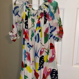 Isolda 100% silk White off shoulder Tropical print Resort Sundress